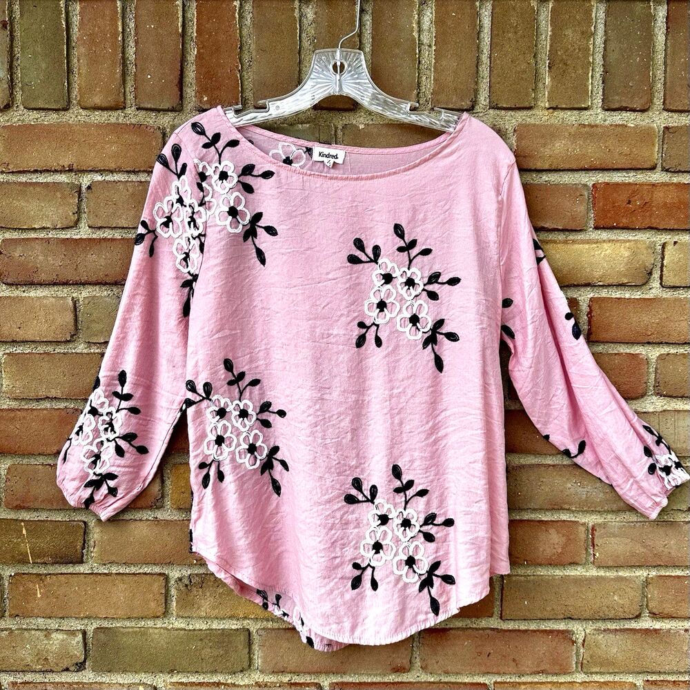 Kindred Womens S Pink Floral Embroidered Blouse 3/4 Sleeve Boho Cottagecore